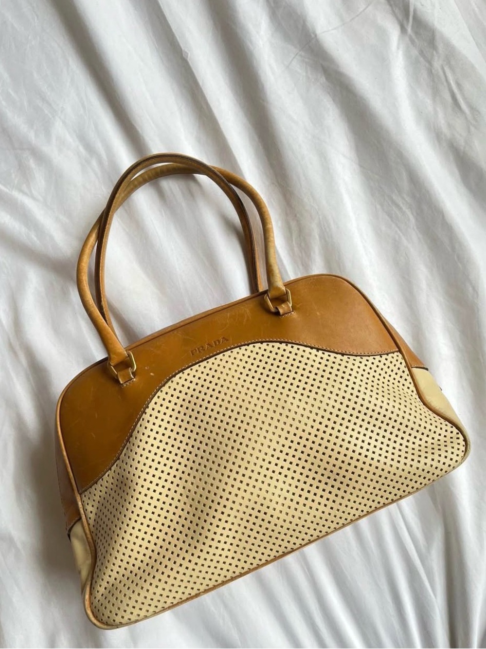Prada Tan and Cream Perforated Shoulder Bag